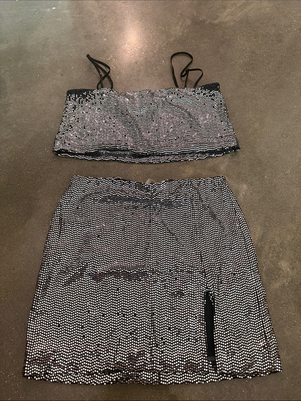 Sparkling Two-Piece Sequin Crop Top & Skirt Set in Silver
